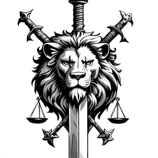 Lion Head Crossed Swords With Cracks In The Blades And The Scales Of Justice