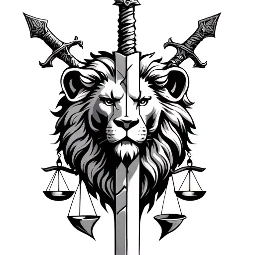Lion Head Crossed Swords With Cracks In The Blades And The Scales Of Justice