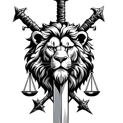 Lion Head Crossed Swords With Cracks In The Blades And The Scales Of Justice