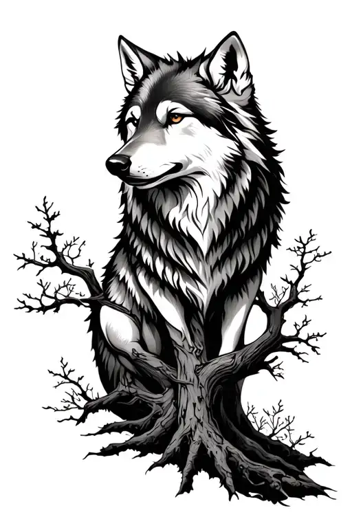 Wolf Intertwined With Tree Growing