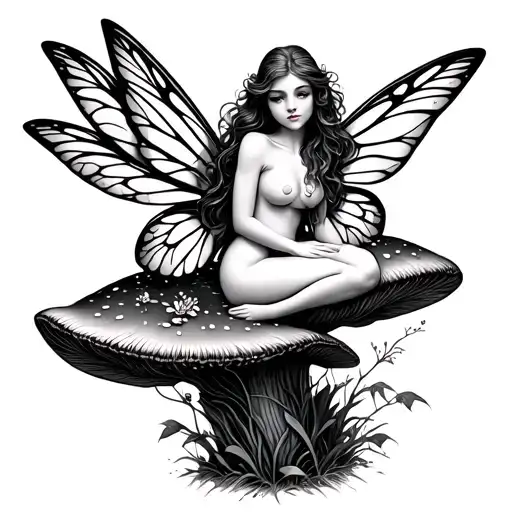 Fairy Sitting On Mushroom Growing