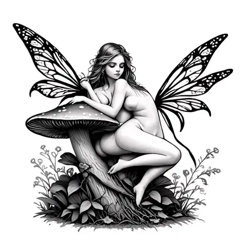 Sexy Fairy Sitting On Mushroom Growing Together