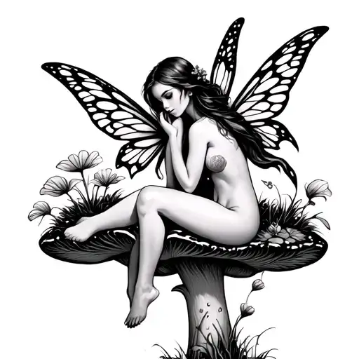 Sexy Fairy Sitting On Mushroom Growing Together