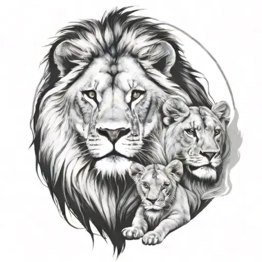 Lion And A Lioness With Cub