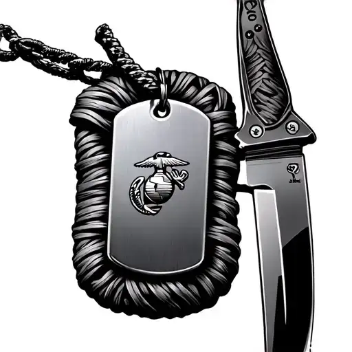 Knife Wrapped With Marine Corps Dog Tag Hanging