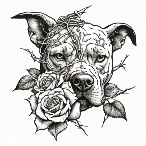 Pit Bull And Cracked Skull With Roses And Barbed Wire