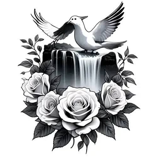 Roses With Doves And A Waterfall