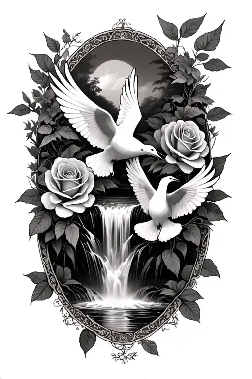 Roses With Doves And A Waterfall