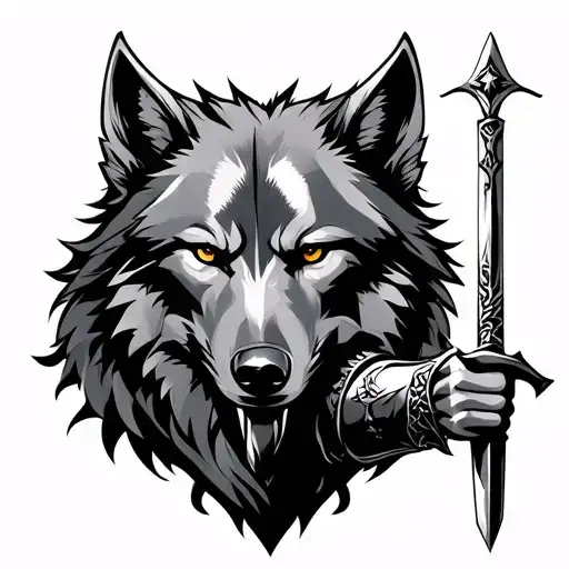 A Knight Holding Sword And Background Should Be Of Wolf And Its Background Should Be Of Empire