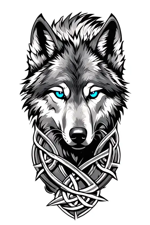 Wolf With Blue Eyes On Armor Tattoo Design Featuring Celtic Trinity Knot