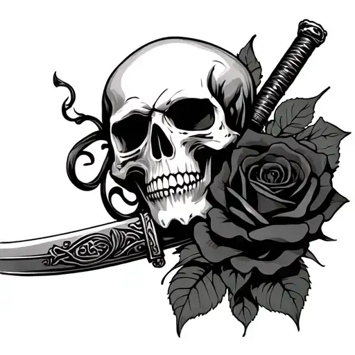 Skull With A Katana Blade Wrapped In A Black Rose Intertwined