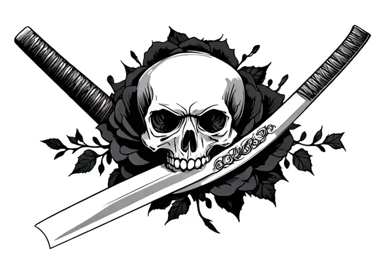 Skull With A Katana Blade Wrapped In A Black Rose Intertwined