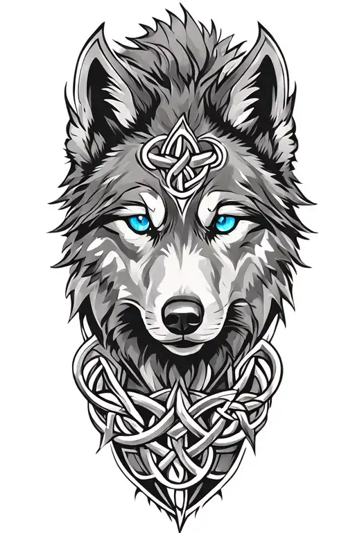 Wolf With Blue Eyes On Armor Tattoo Design Featuring Celtic Trinity Knot