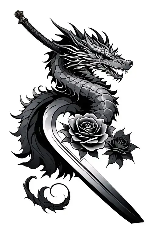 Japanise Dragon With A Katana Blade Wrapped In A Black Rose Intertwined