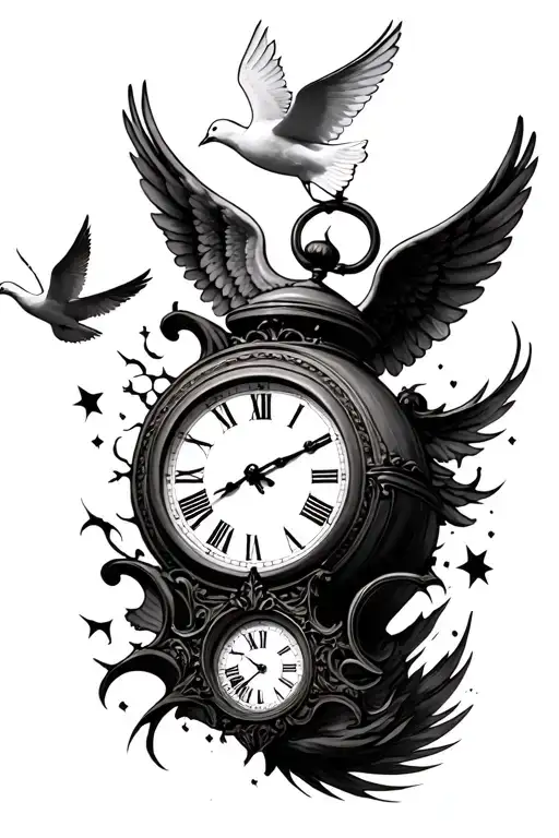 Broken Clock With Angel And Dove Flying