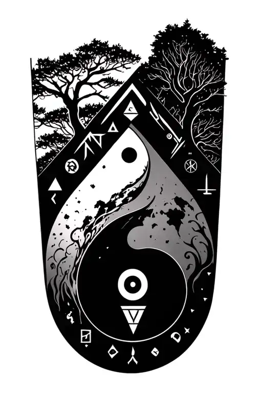 Ying And Yang As Triangles With Nordic Runes And The World Tree Inside Triangle