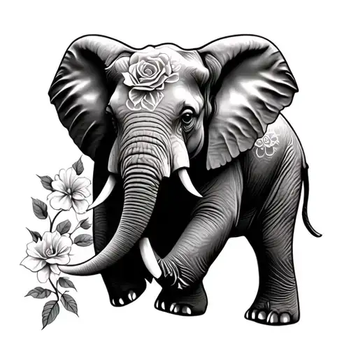 Elephant With Roses Blooming Flowers