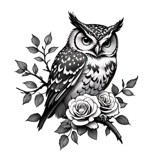 Owl With Branches And Roses Intertwined