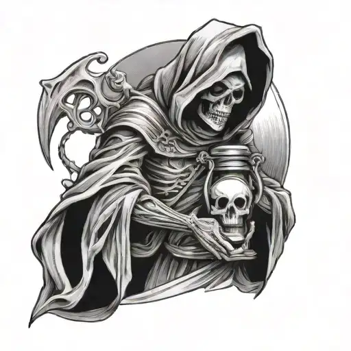 The Grim Reaper Holding An Hourglass As A Beckoning Reminder That Death Comes For Us All