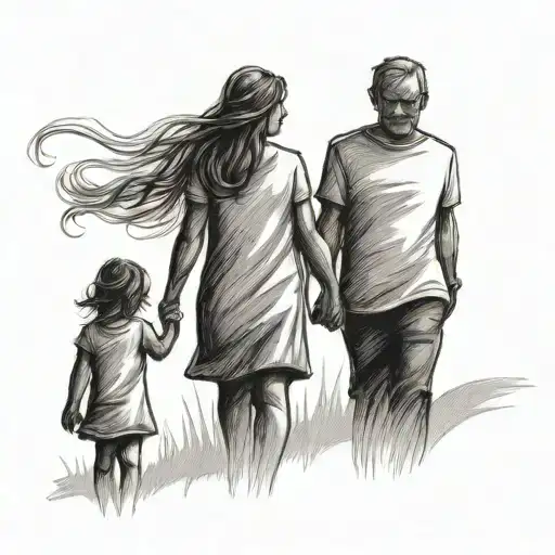 Mother Father Daughter Holding Hands Walking Outline