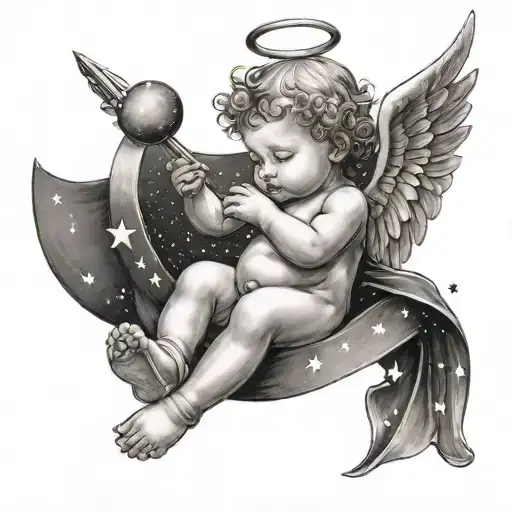 A Whimsical Scene Of A Baby Angel Playing With Stars And Moons In A Black-grey Style