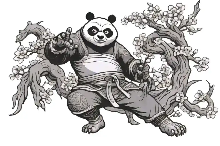 Kung Fu Panda With Dragon Warrior Symbol And Master Ooways Cherry Blossom Tree