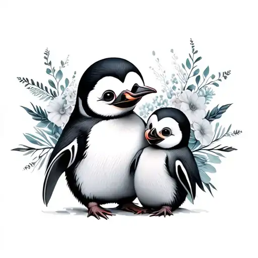 Mother And Baby Penguin Wearing Floral