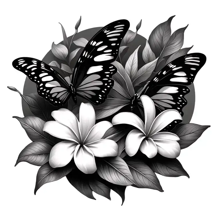 3 Butterfly Flying And Franjipani Flower