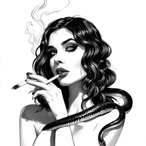 Lady Smoking A Cigarette With Snake Wrapped On Arm