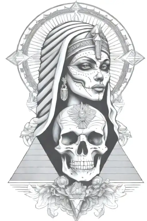 Egyption Girl Pharoh Goddess With Pyramid And Diamonds And Skull