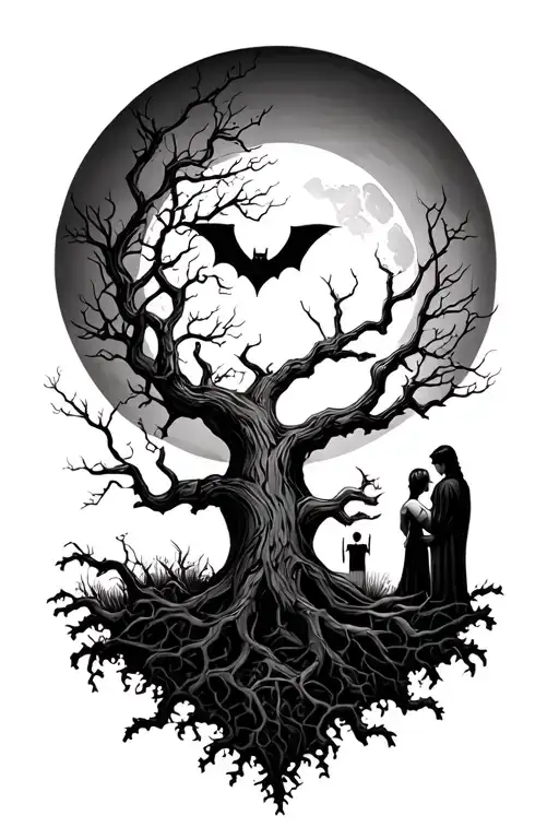 Poison Tree With A Bat In The Moon And A Couple Around The Tree