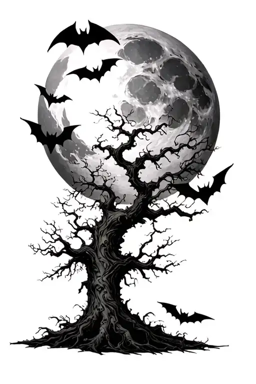 Poison Tree With A Bat In The Moon And A Couple Of Bats Around The Tree