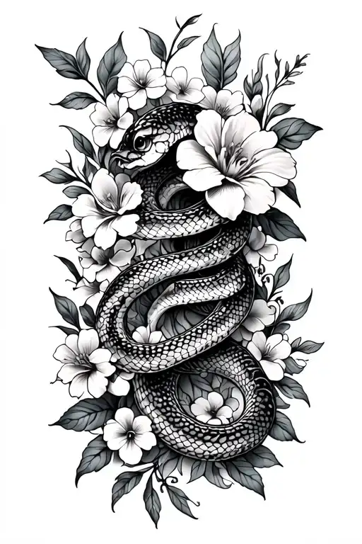 Snake And Flowers Down Woman's Spine