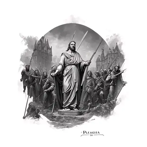 An Arm Sleeve In Gothic Style Featuring A Statue Of Pelagius Of Asturias In A War Setting