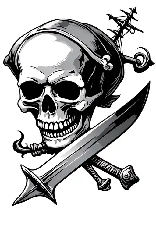 Pirate Skull With Dagger And A Ship
