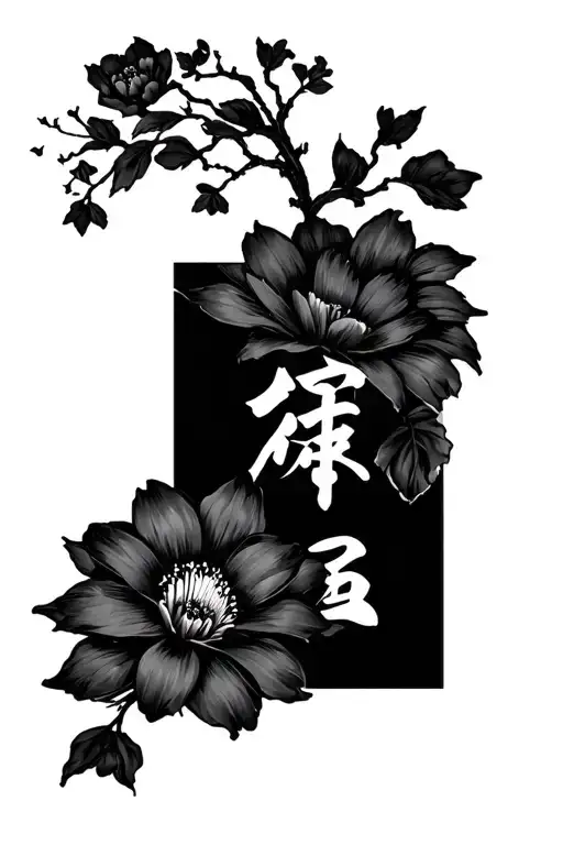 Oriental Flowers With The Writing Love In Japanese