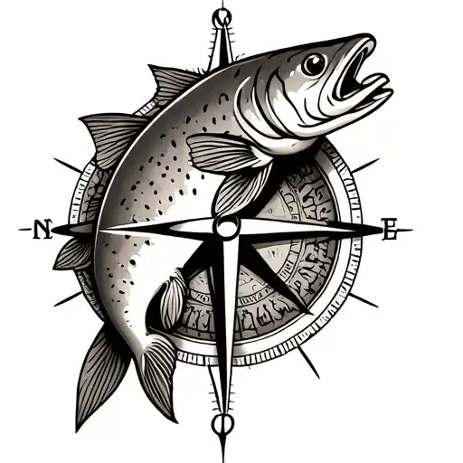 Trout And Compass Tattoo Design