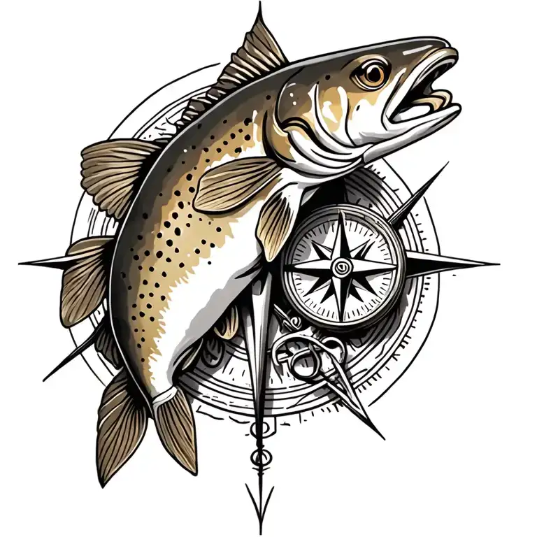 Brown Trout And Compass Tattoo Design Incorporating Elements