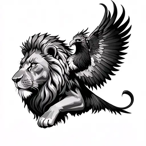 Pheonix Flying Behind A Lion