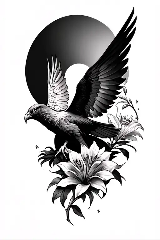 Bent Knee Tattoo Of Phoenix Soaring Through Lilies