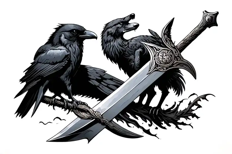 Wolf And Crow Perched On Sword