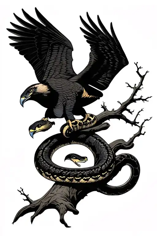 Falcon And A Snake On A Tree