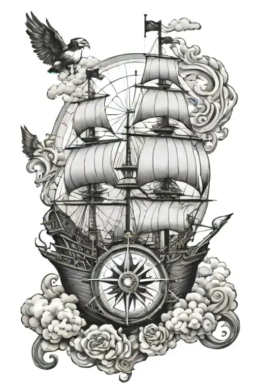 Pirate Ship Compass Bird Clouds
