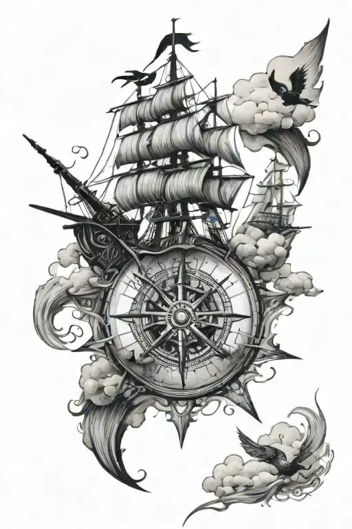 Pirate Ship Compass Bird Clouds