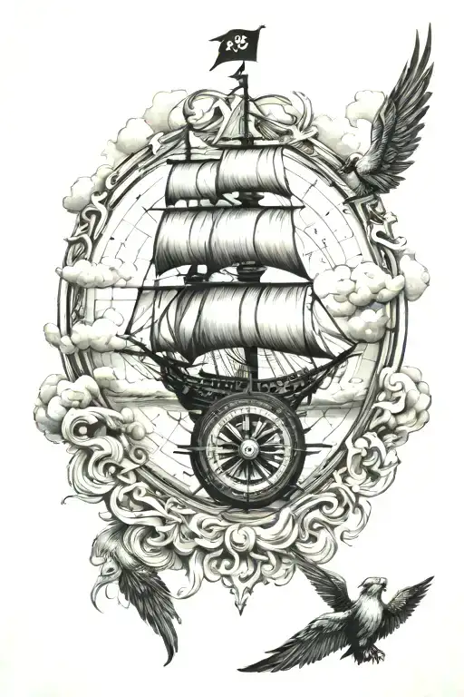 Pirate Ship Compass Bird Clouds