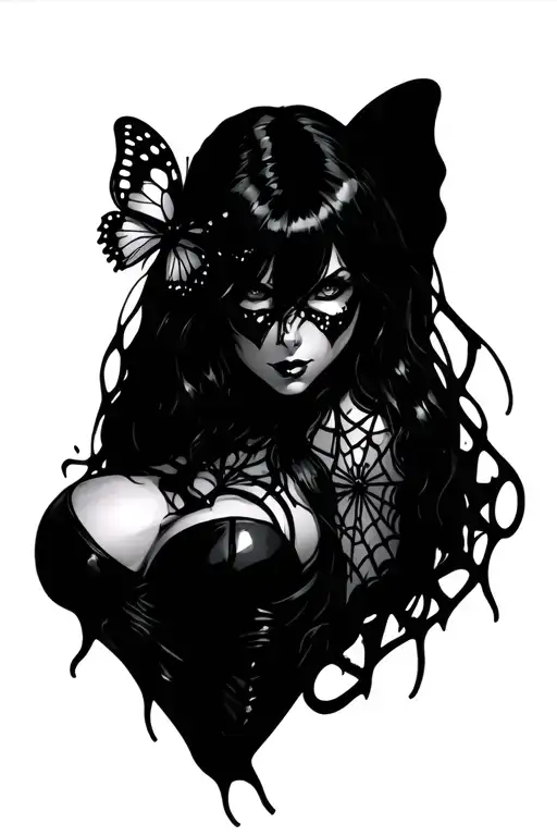 Black Widow With Butterfly And Spiderweb With Stars