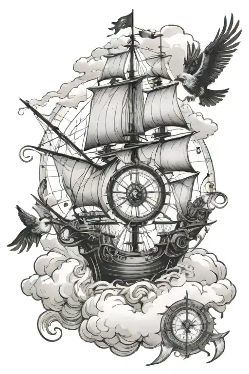Pirate Ship Compass Bird Clouds