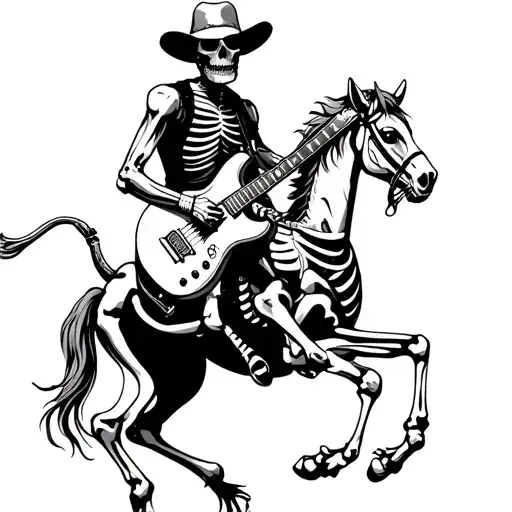 Skeleton Cowboy Enthusiastically Playing Electric Guitar While Riding Skeleton Horse