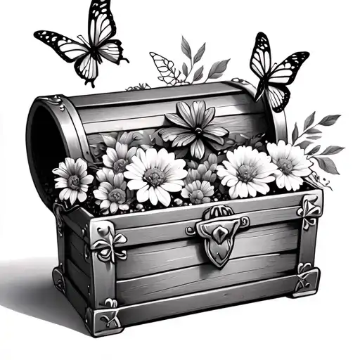 Treasure Chest Filled With Butterflies And Flowers