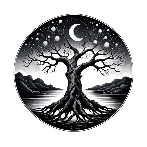 Tree Of Life With Night Sky And Crescent Moon